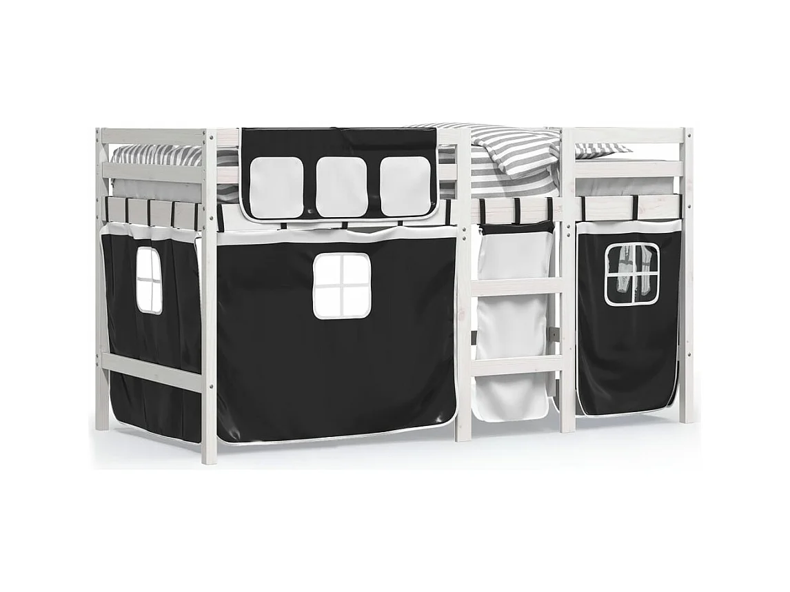 Kinderhoogslaper met gordijnen 90x190 cm grenenhout wit zwart BE518882