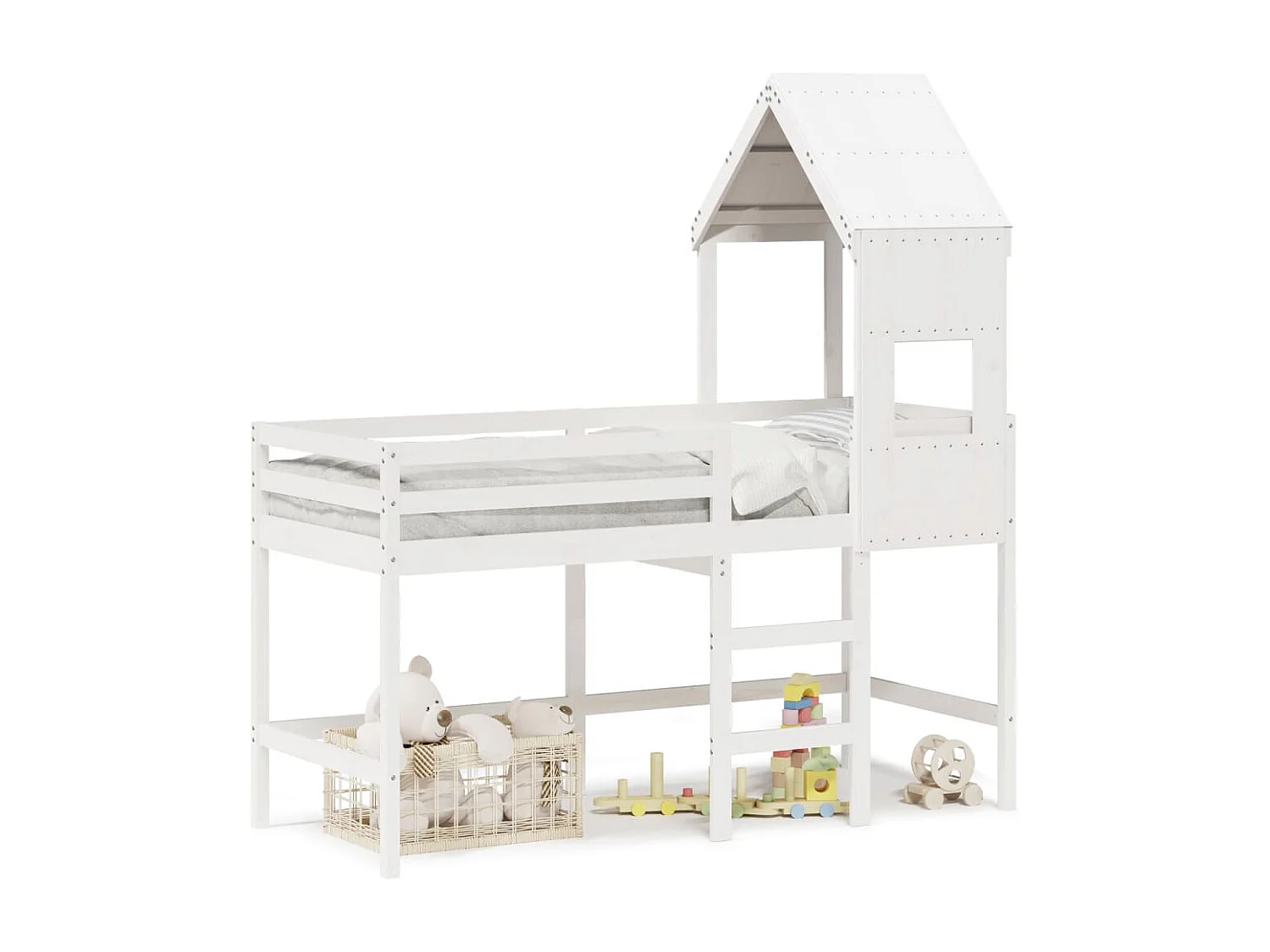 Lit mezzanine et échelle et toit blanc 90x190cm bois pin massif FR93081