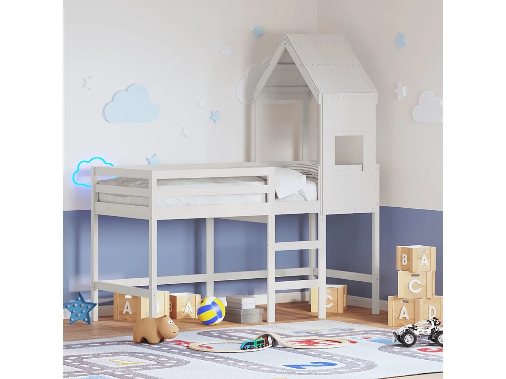 Lit mezzanine et échelle et toit blanc 90x190cm bois pin massif FR93081