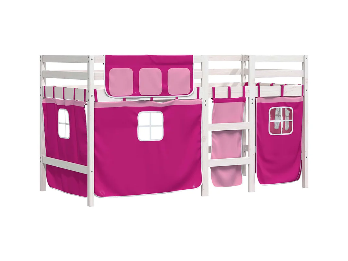 Lit mezzanine enfants et rideaux rose 90x200cm bois pin massif FR19213