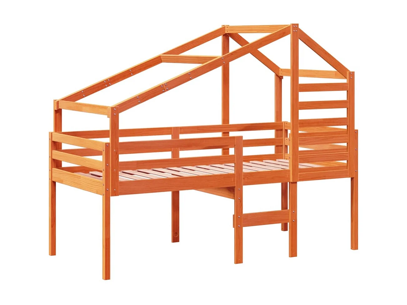 Cama alta con techo madera maciza de pino marrón cera 90x190 cm ES725899