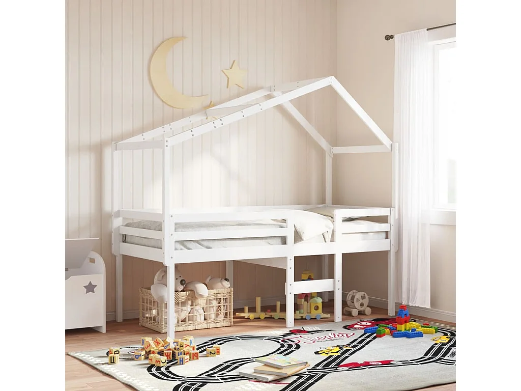 Lit haut avec toit blanc 90x200 cm bois de pin massif FR79190