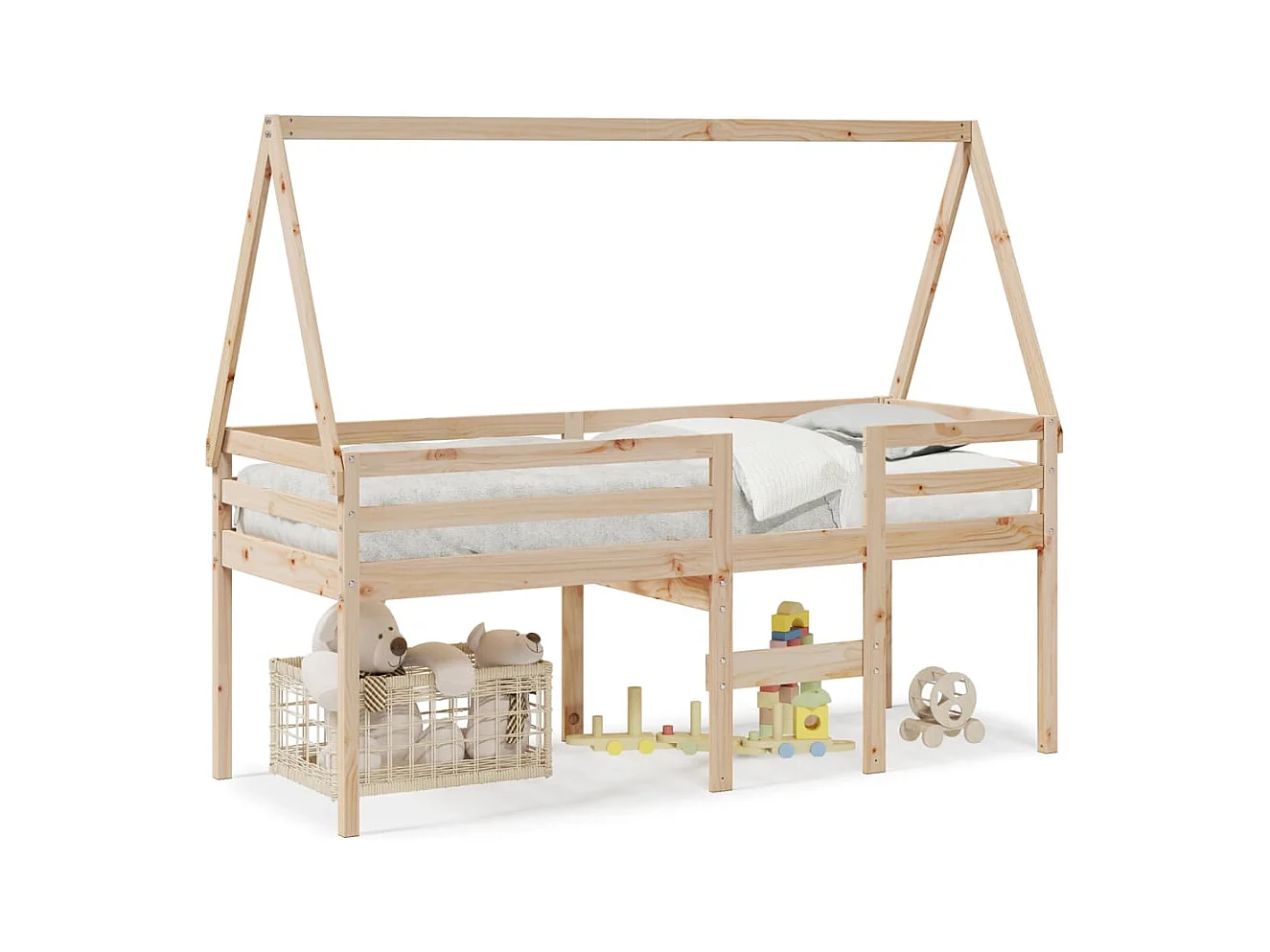 Cama alta con techo madera maciza de pino 90x190 cm ES377921