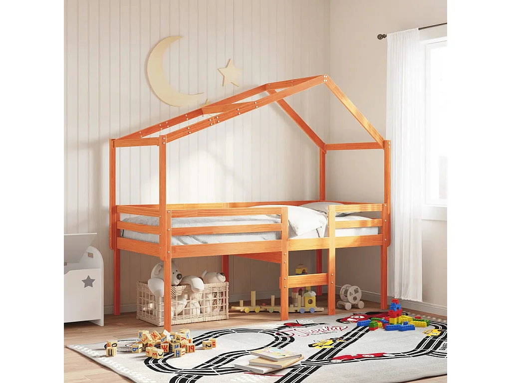 Lit haut avec toit cire marron 90x200 cm bois de pin massif FR78195