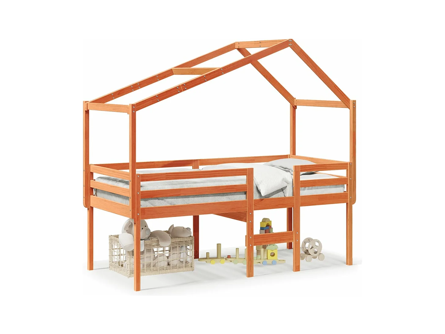 Cama alta con techo madera maciza de pino marrón cera 75x190 cm ES643951