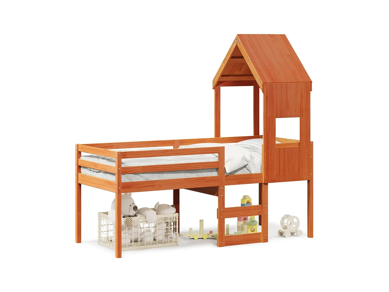 Lit haut avec toit cire marron 90x190 cm bois de pin massif FR74074