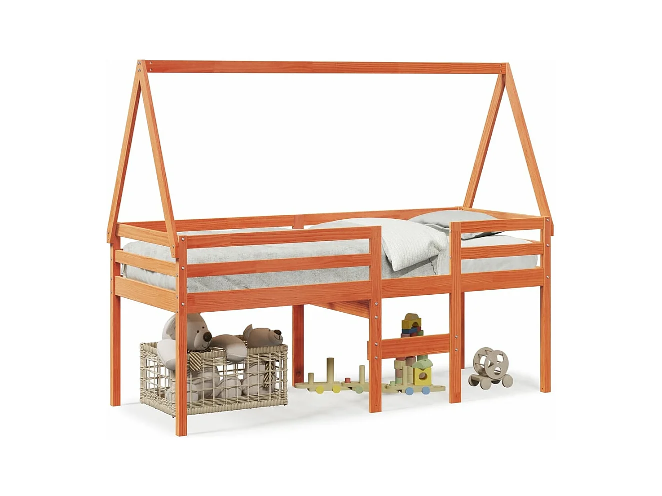 Cama alta con techo madera maciza de pino marrón cera 80x200 cm ES327842