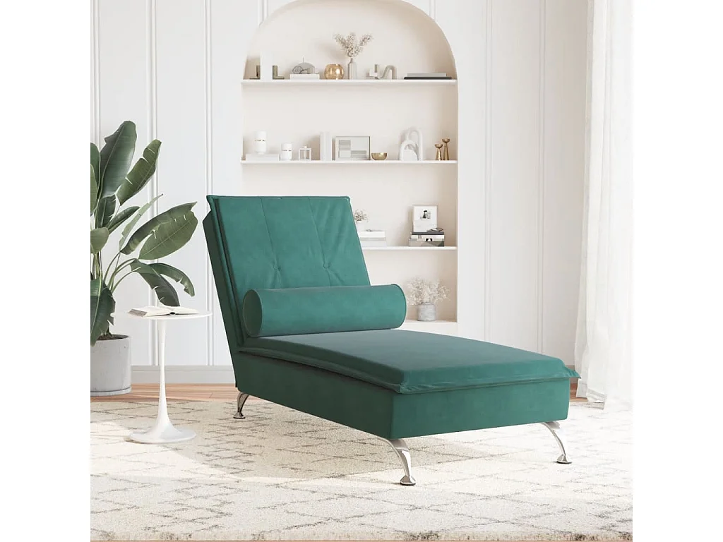 Chaise longue de massage avec traversin vert foncé velours FR56815