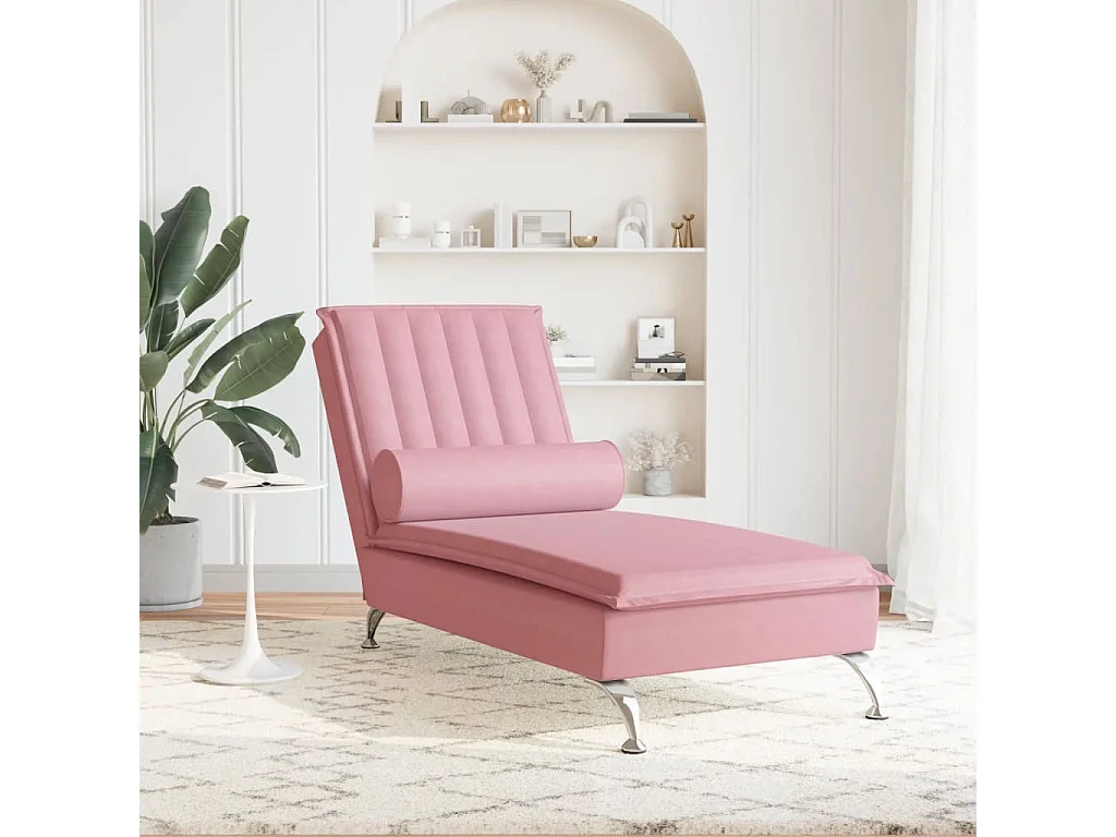 Chaise longue de massage avec traversin rose velours FR45017