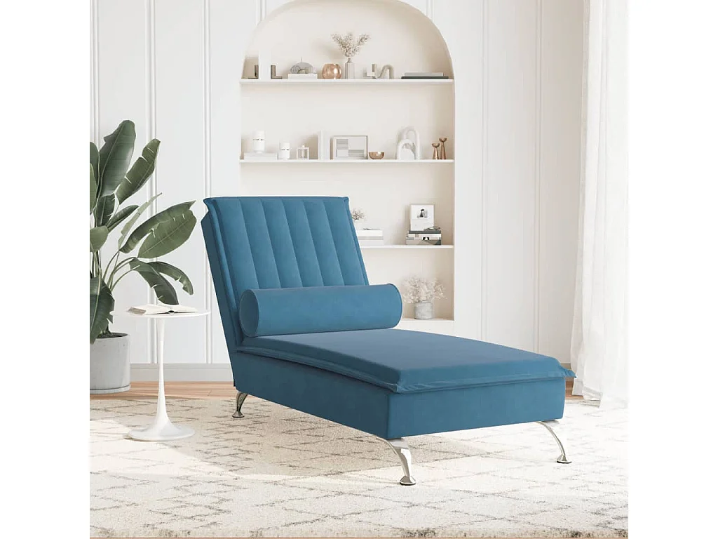 Chaise longue de massage avec traversin bleu velours FR86023