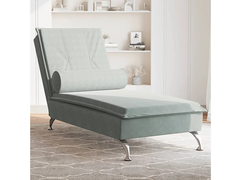 Chaise longue de massage avec traversin gris clair velours FR17893