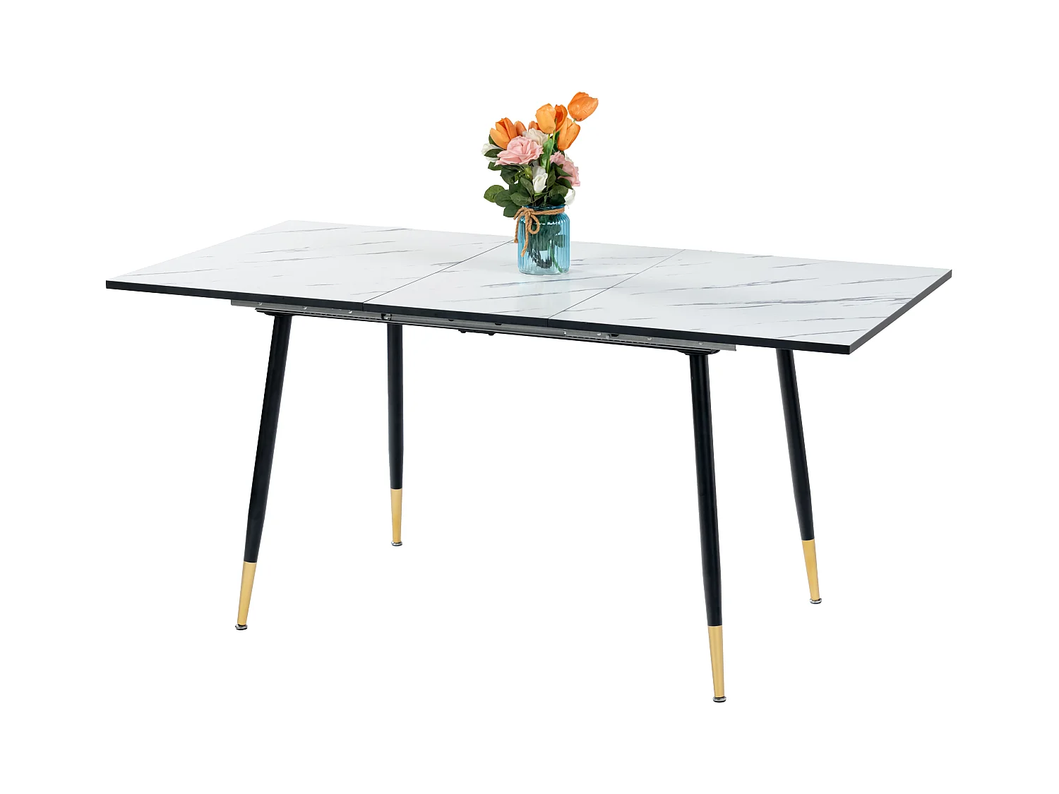 URBAN MEUBLE Table de salle à manger rectangulaire extensible blanche effet marbre de style scandinave pieds noir 120-160cm