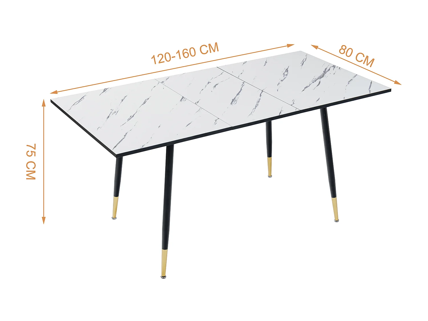 URBAN MEUBLE Table de salle à manger rectangulaire extensible blanche effet marbre de style scandinave pieds noir 120-160cm