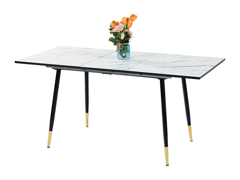 URBAN MEUBLE Table de salle à manger rectangulaire extensible blanche effet marbre de style scandinave pieds noir 120-160cm