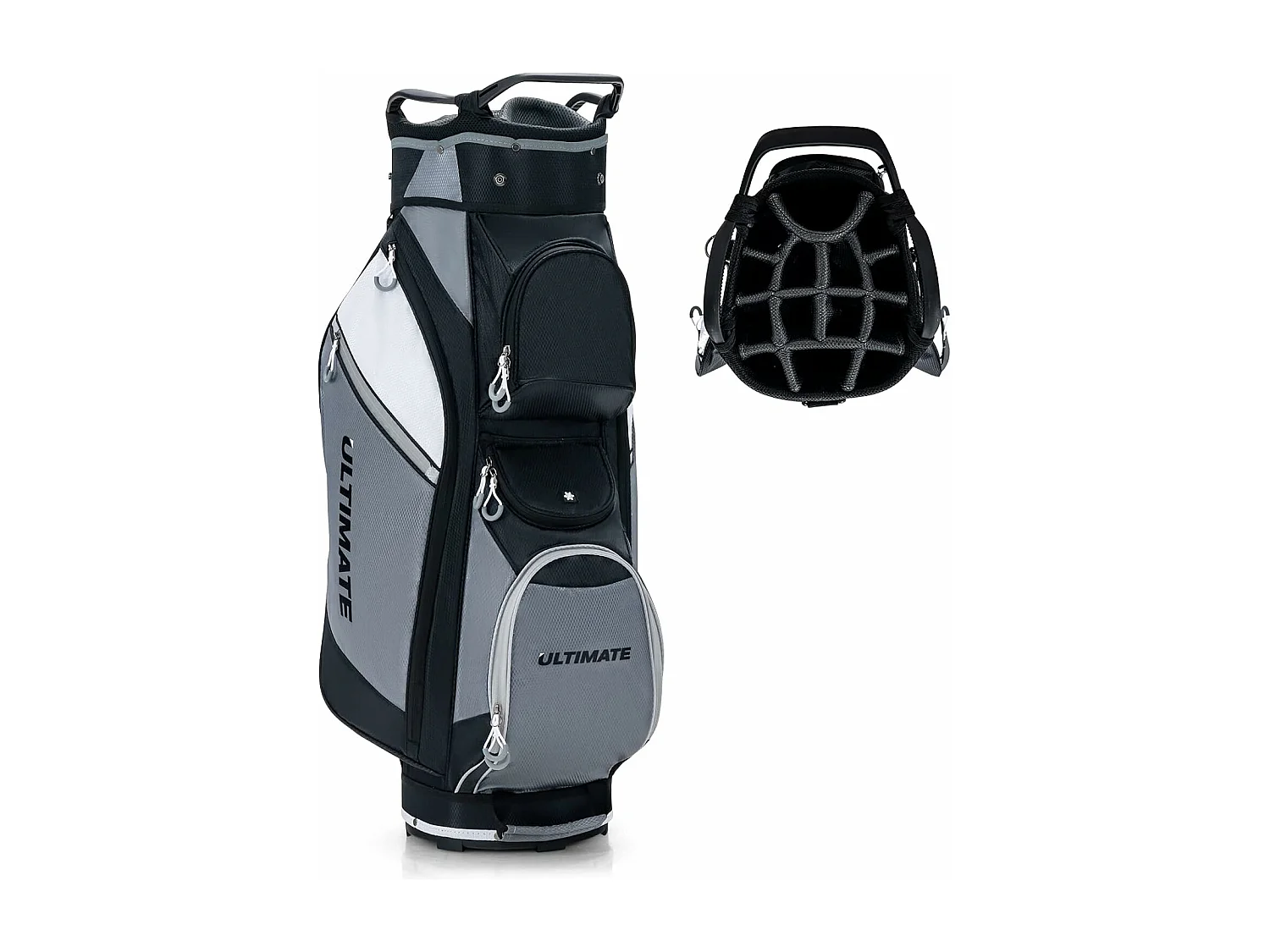 Sac de Golf Chariot Portable pour 14 Clubs avec 7 Poches Zippées et Capuche Anti-Pluie Bandoulière Poignée en PVC et Porte-Ombrelle