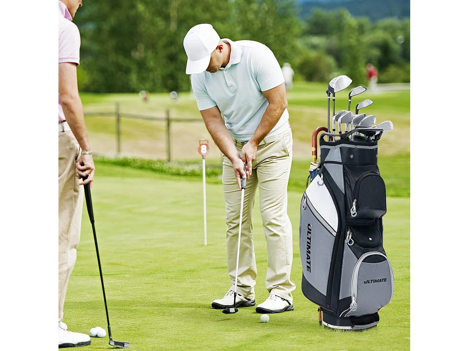 Sac de Golf Chariot Portable pour 14 Clubs avec 7 Poches Zippées et Capuche Anti-Pluie Bandoulière Poignée en PVC et Porte-Ombrelle