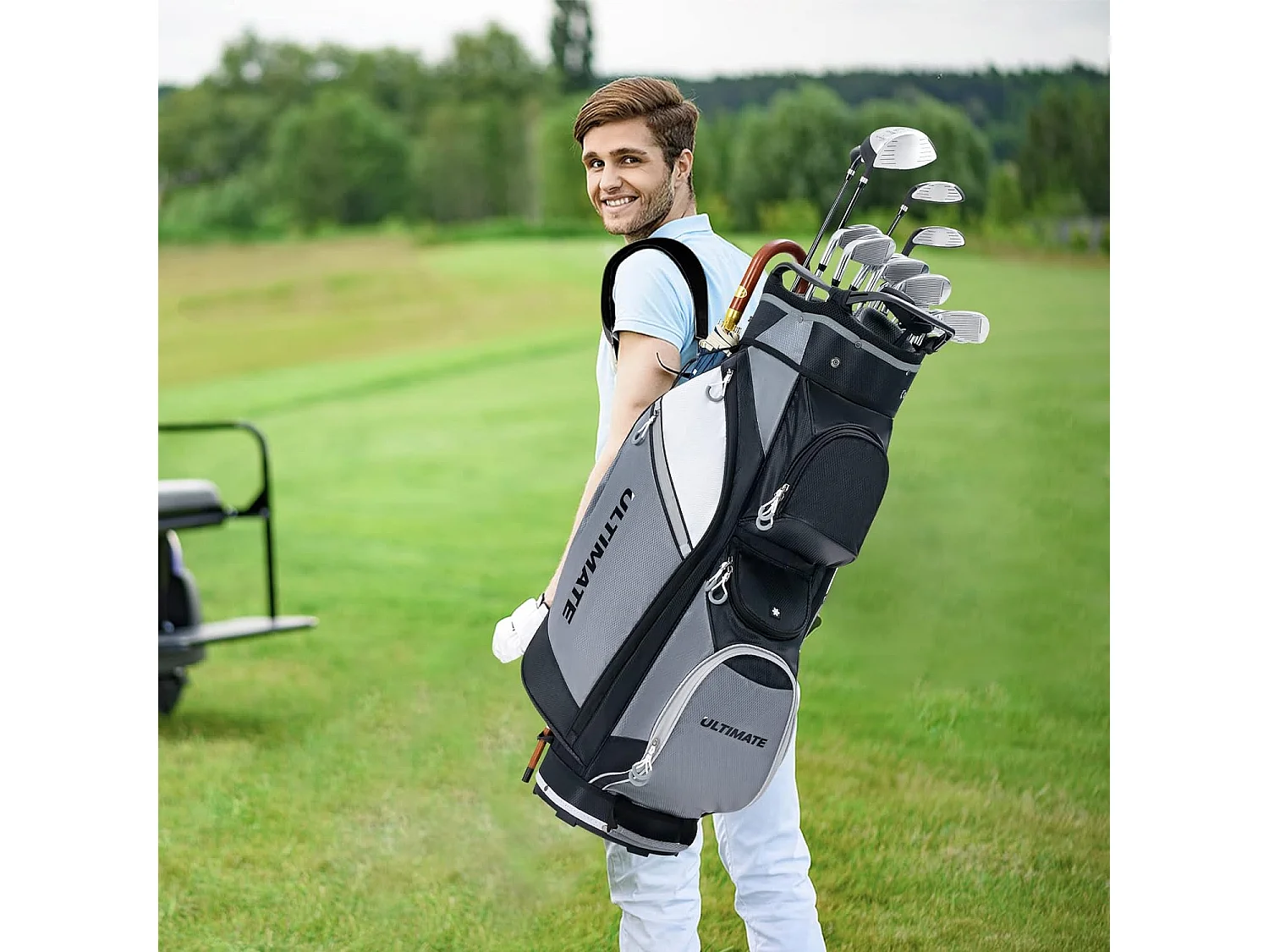 Sac de Golf Chariot Portable pour 14 Clubs avec 7 Poches Zippées et Capuche Anti-Pluie Bandoulière Poignée en PVC et Porte-Ombrelle