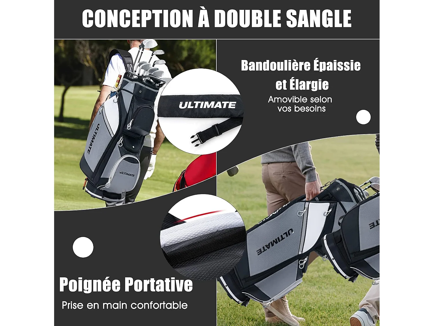 Sac de Golf Chariot Portable pour 14 Clubs avec 7 Poches Zippées et Capuche Anti-Pluie Bandoulière Poignée en PVC et Porte-Ombrelle