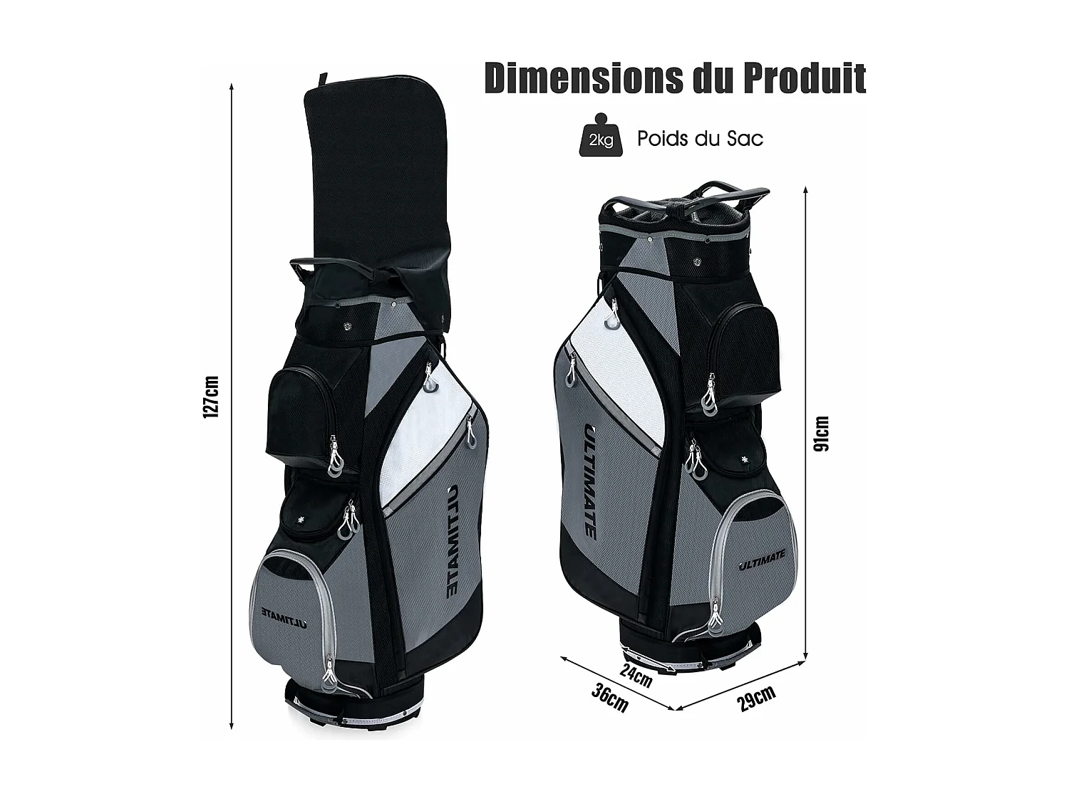 Sac de Golf Chariot Portable pour 14 Clubs avec 7 Poches Zippées et Capuche Anti-Pluie Bandoulière Poignée en PVC et Porte-Ombrelle