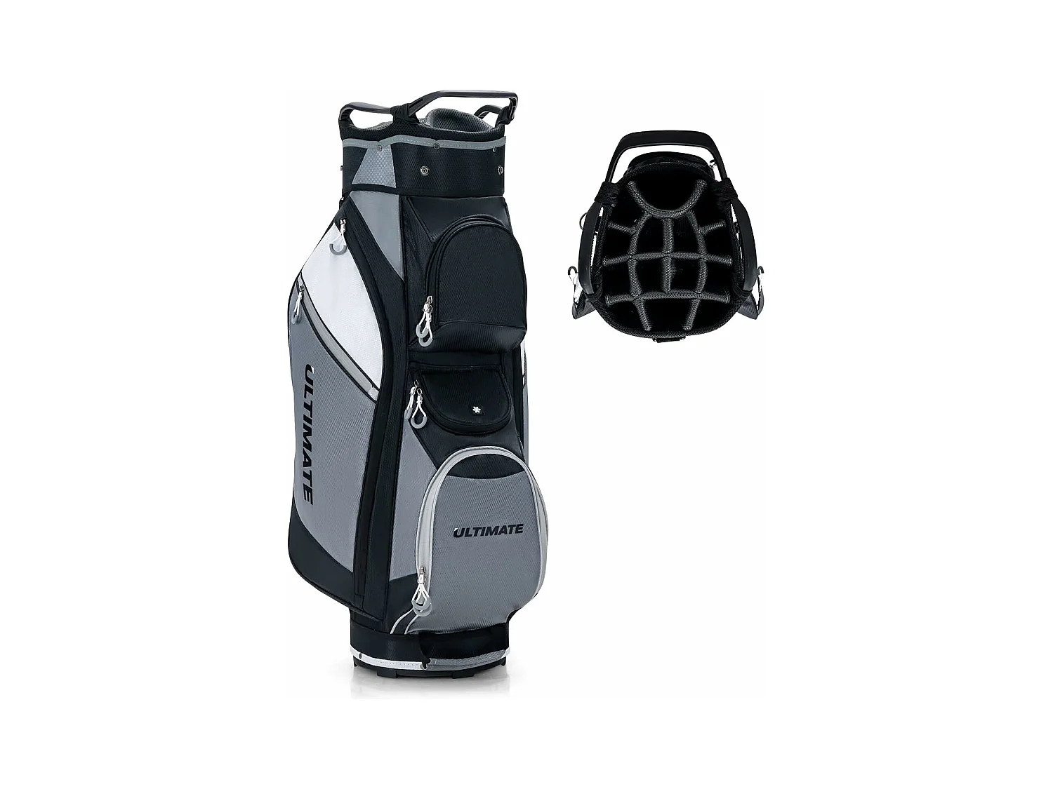 Sac de Golf Chariot Portable pour 14 Clubs avec 7 Poches Zippées et Capuche Anti-Pluie Bandoulière Poignée en PVC et Porte-Ombrelle