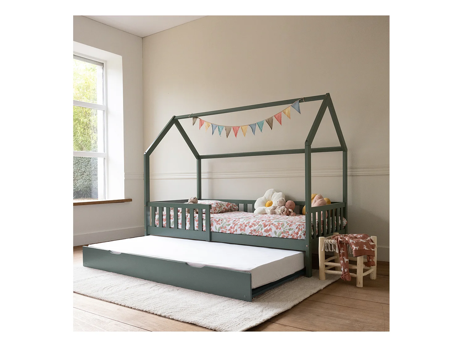 Lit cabane gigogne pour enfant 190x90cm vert MARCEAU - HAPPY GARDEN
