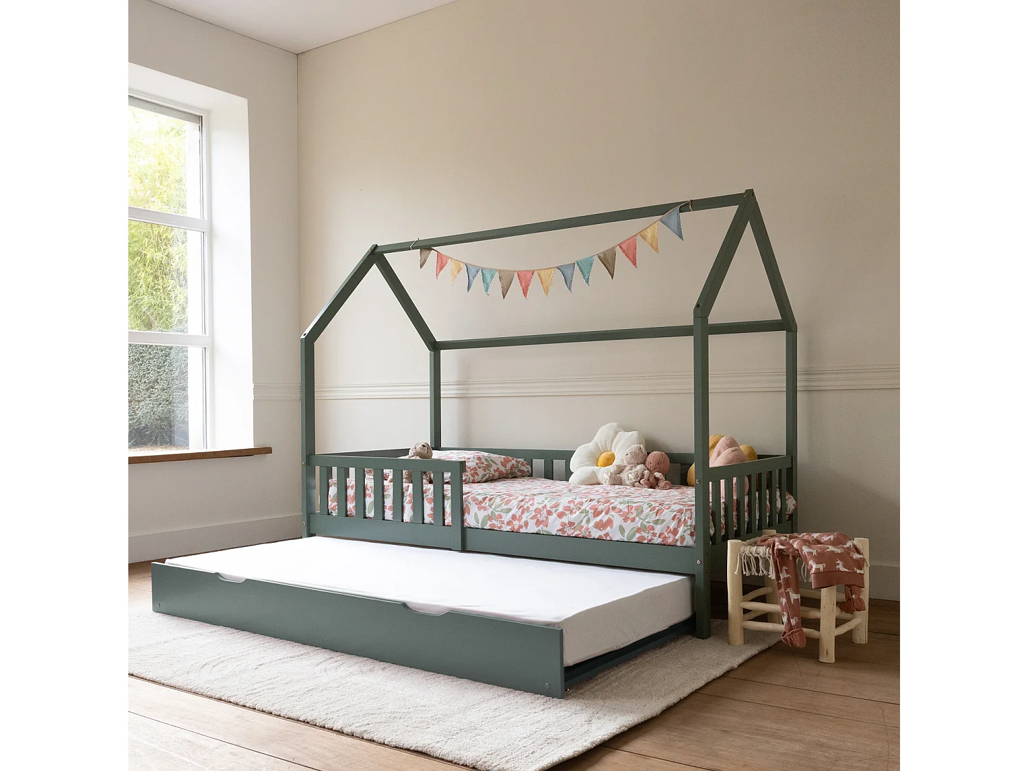 Lit cabane gigogne pour enfant 190x90cm vert MARCEAU - HAPPY GARDEN
