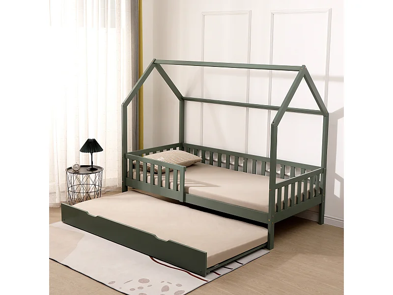 Lit cabane gigogne pour enfant 190x90cm vert MARCEAU - HAPPY GARDEN