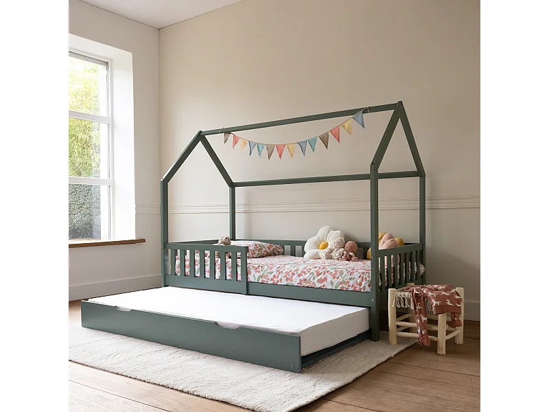 Lit cabane gigogne pour enfant 190x90cm vert MARCEAU - HAPPY GARDEN