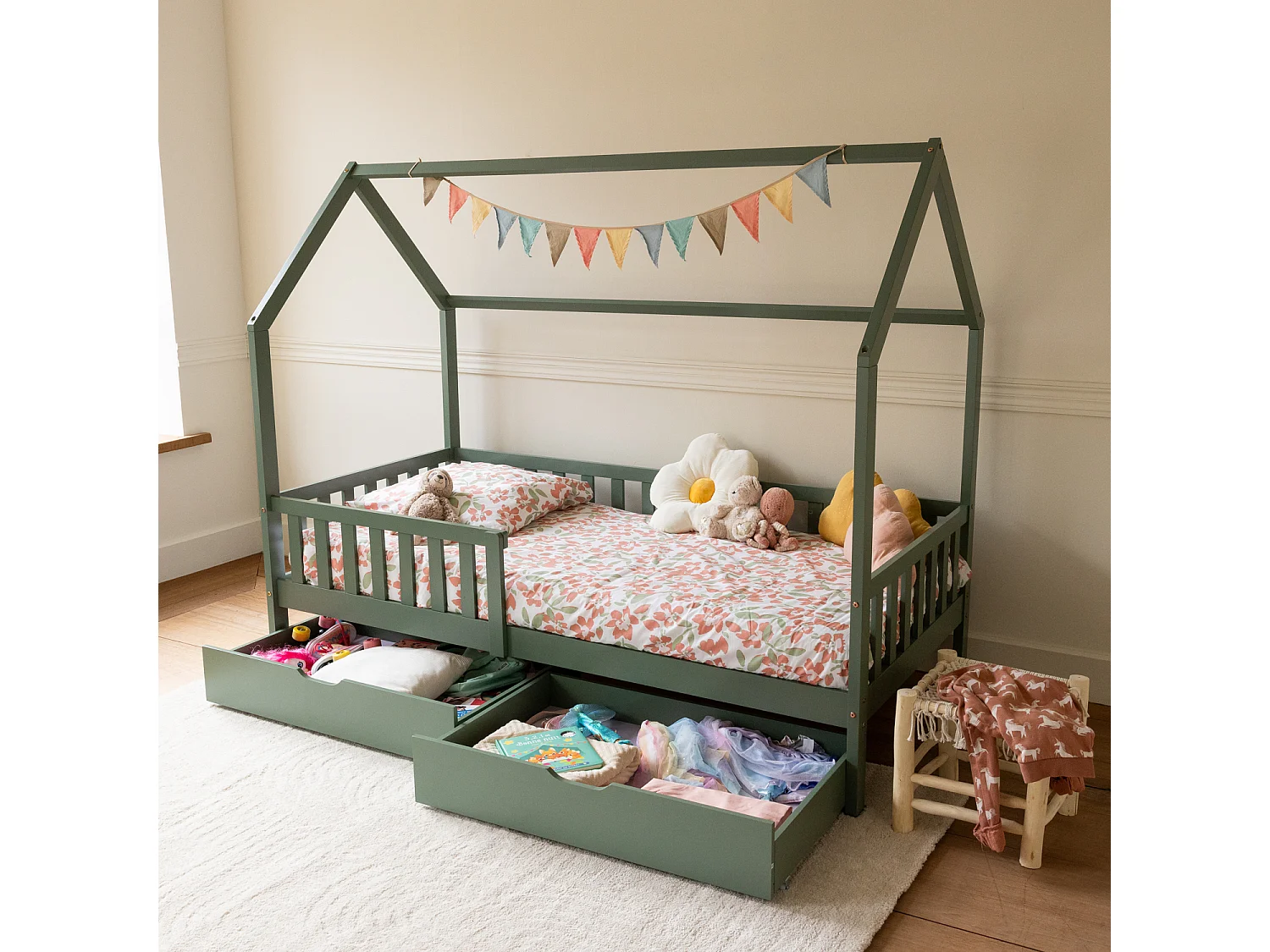 Lit cabane pour enfant 190x90cm vert avec tiroirs MARCEAU - HAPPY GARDEN