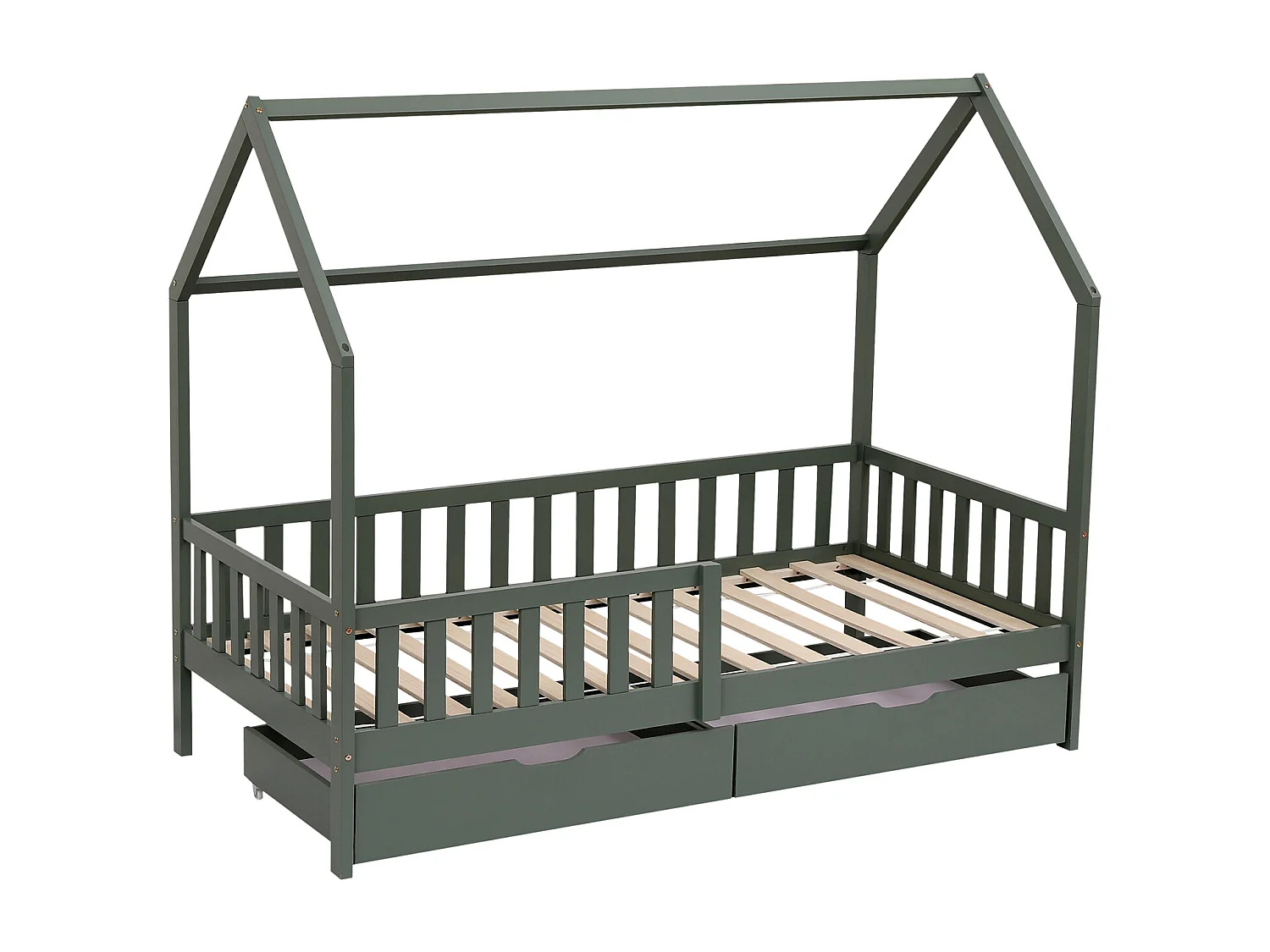 Lit cabane pour enfant 190x90cm vert avec tiroirs MARCEAU - HAPPY GARDEN