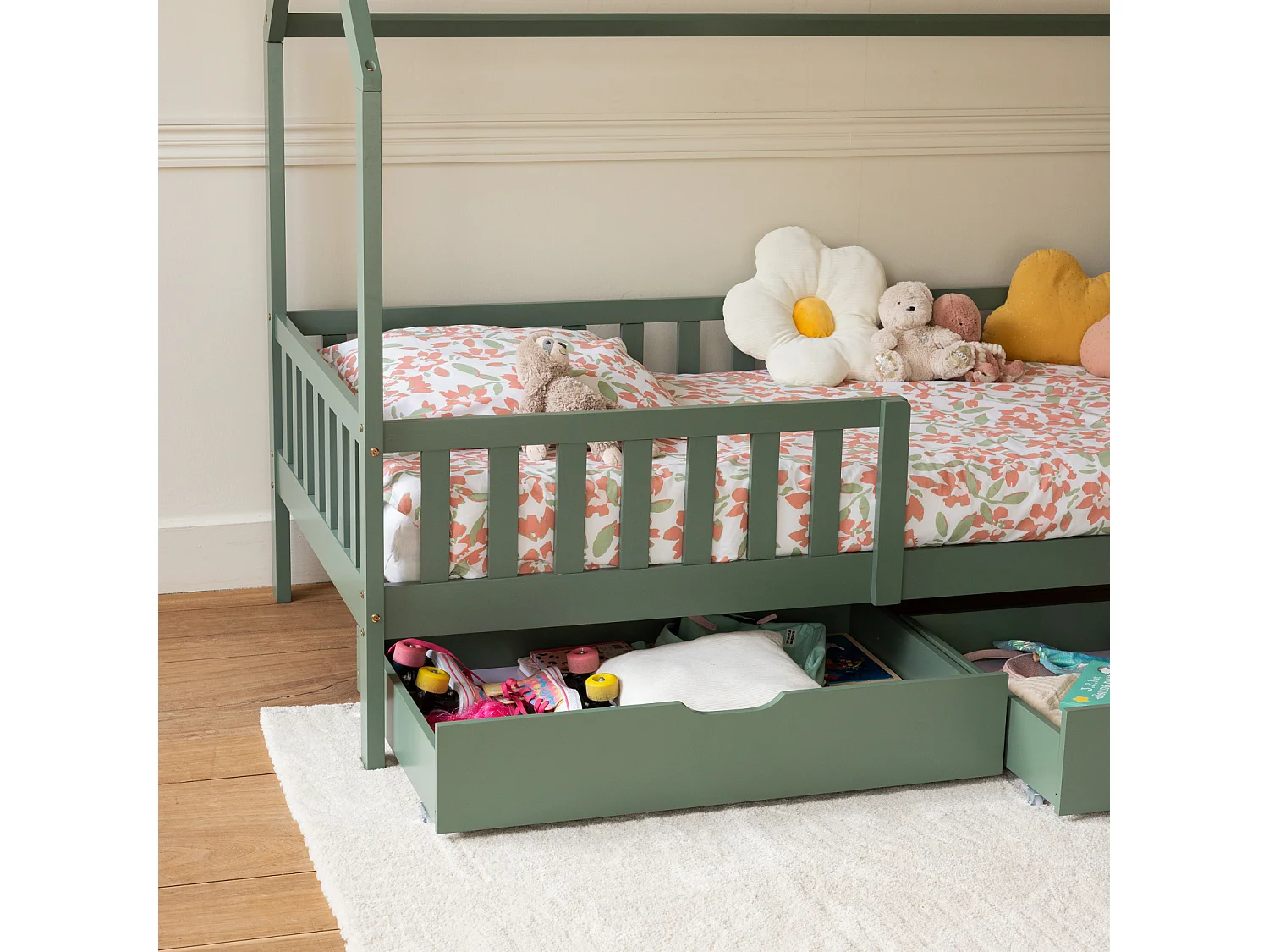 Lit cabane pour enfant 190x90cm vert avec tiroirs MARCEAU - HAPPY GARDEN