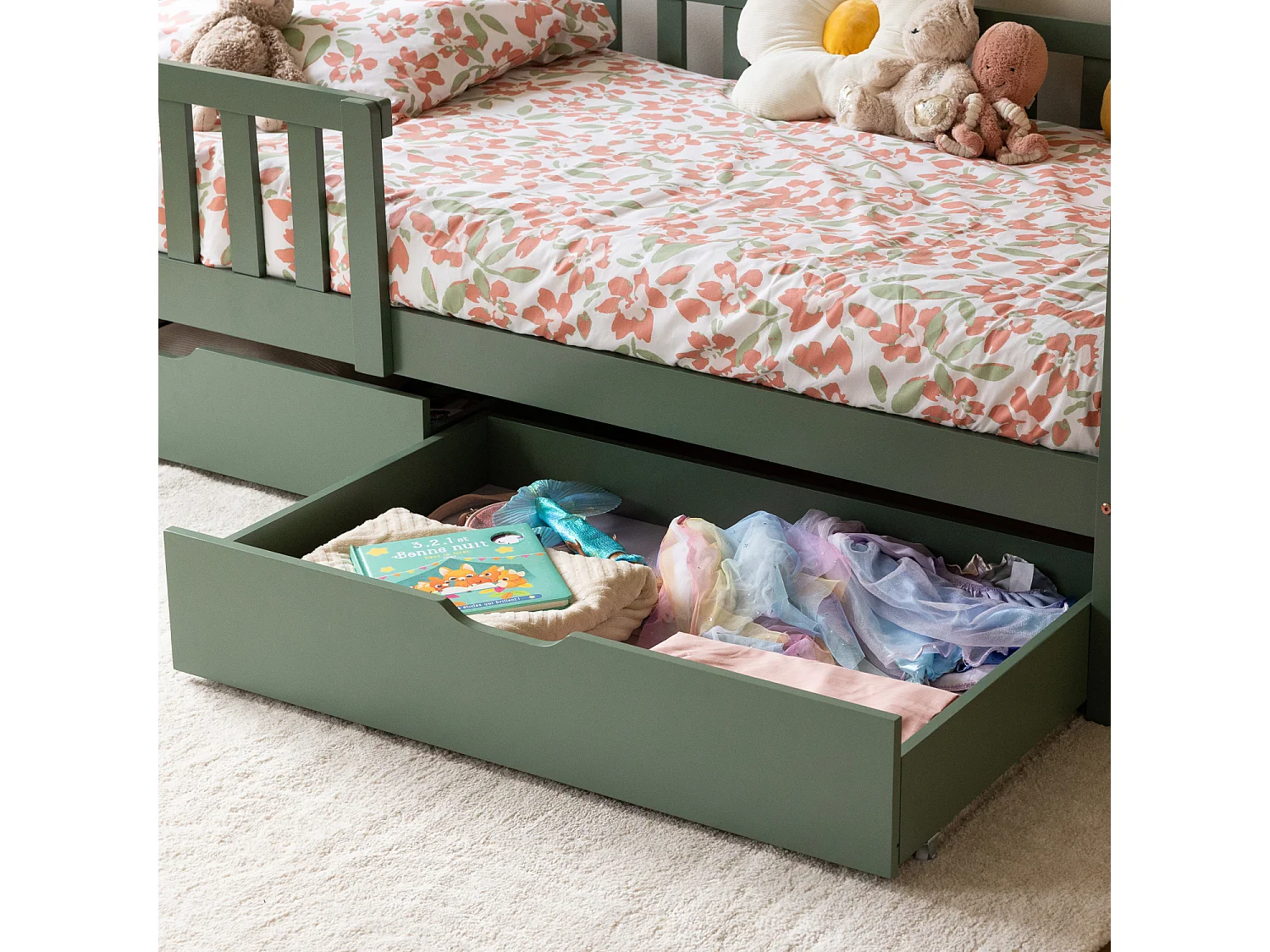 Lit cabane pour enfant 190x90cm vert avec tiroirs MARCEAU - HAPPY GARDEN