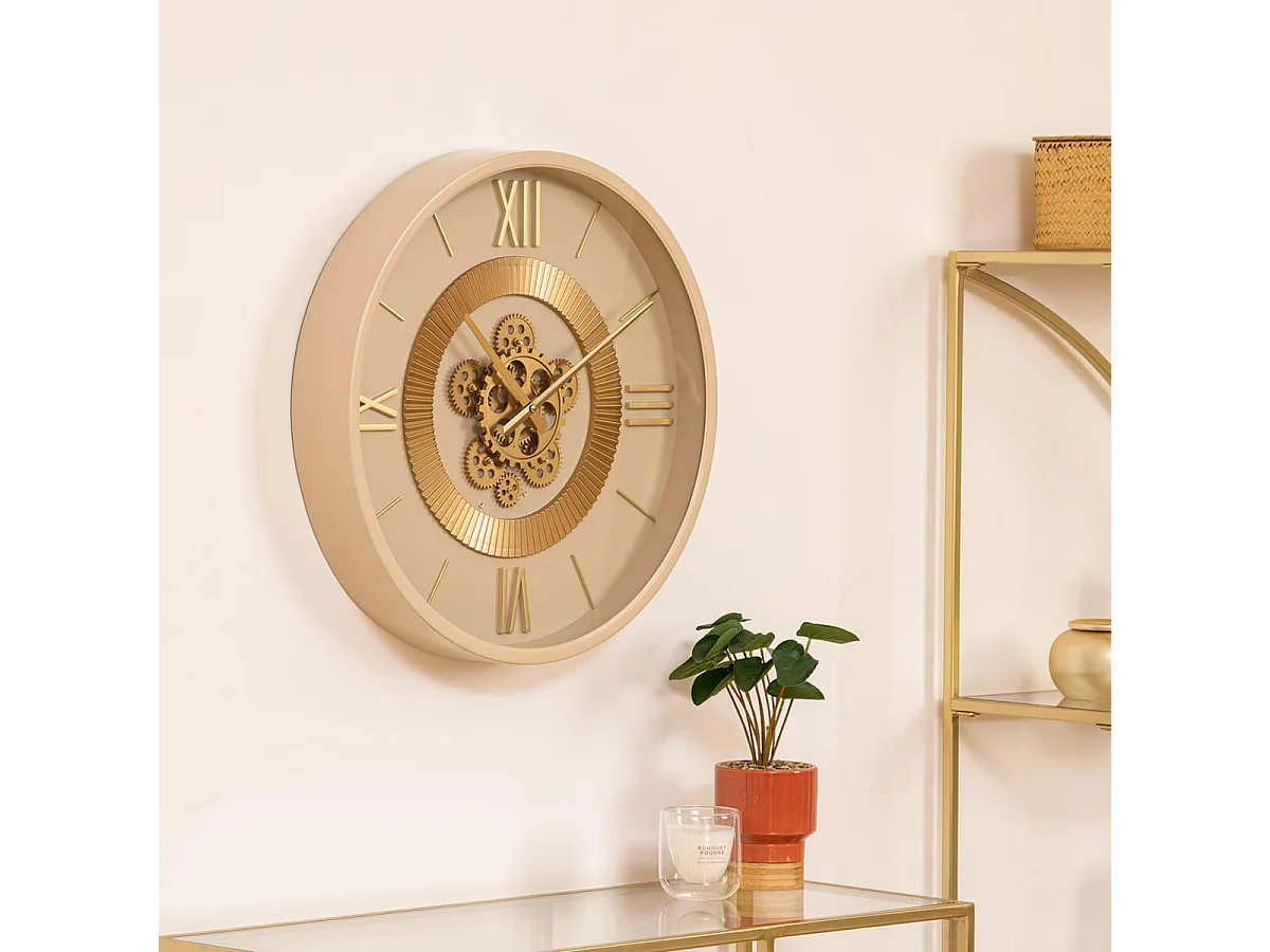 Pendule murale en métal Beige avec rouages mobiles D 50 cm