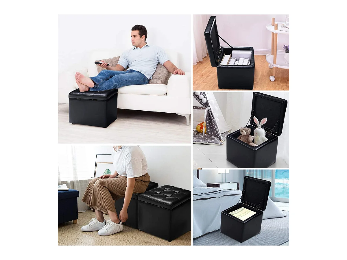 Tabouret Pouf Coffre Boîte de Rangement Repose-Pied Ottoman avec Espace de Stockage Cuir PU, Charge 150 kg, 40 x 40 x 40 cm (Beige)