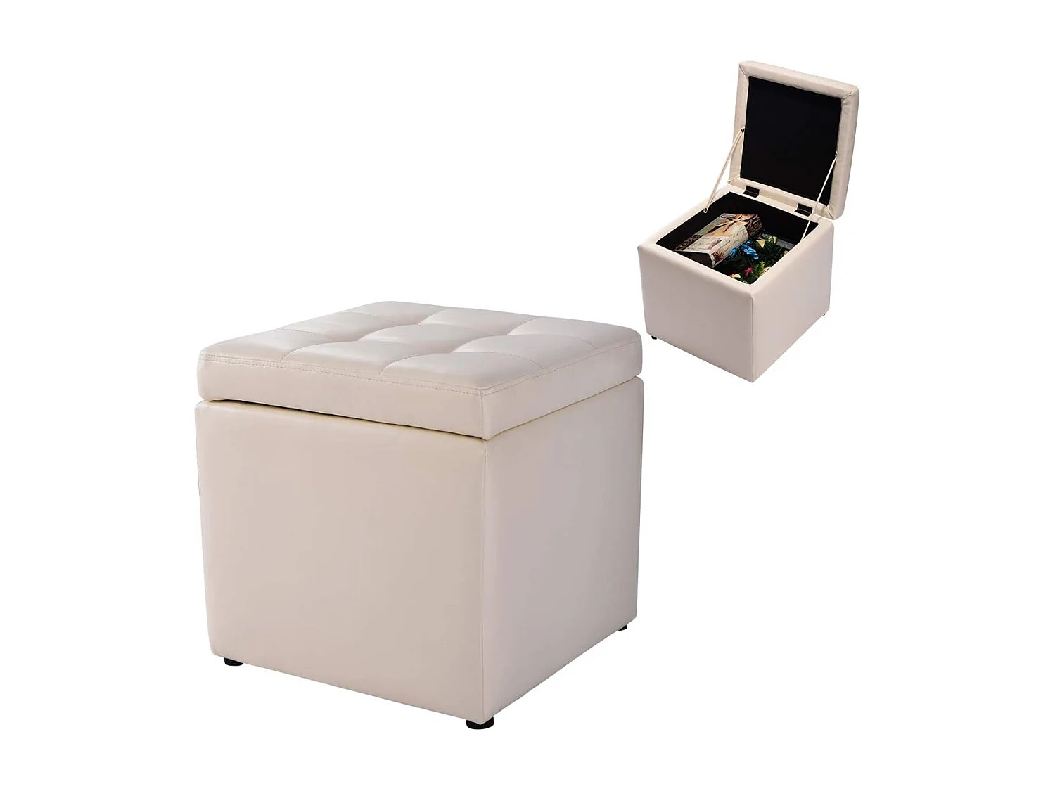 Tabouret Pouf Coffre Boîte de Rangement Repose-Pied Ottoman avec Espace de Stockage Cuir PU, Charge 150 kg, 40 x 40 x 40 cm (Beige)