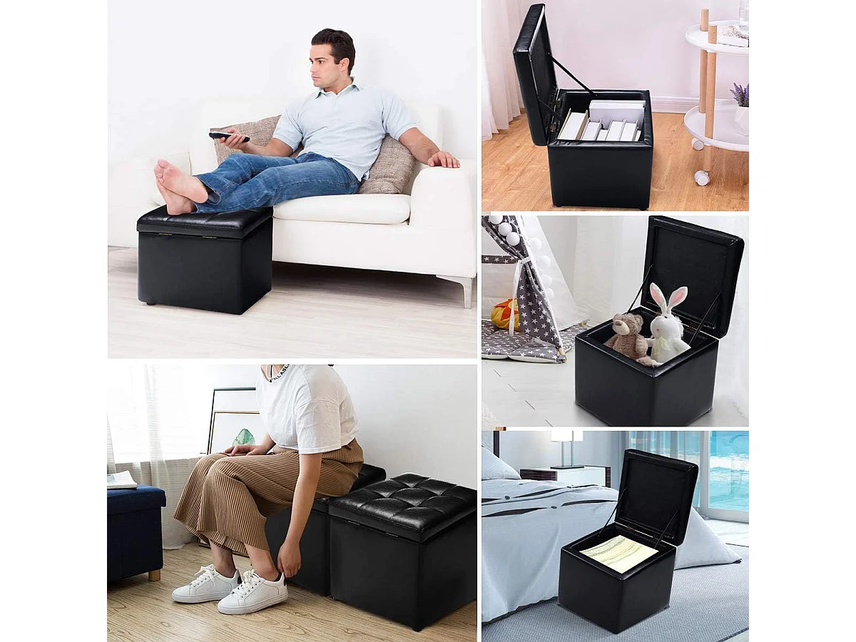 Tabouret Pouf Coffre Boîte de Rangement Repose-Pied Ottoman avec Espace de Stockage Cuir PU, Charge 150 kg, 40 x 40 x 40 cm (Beige)