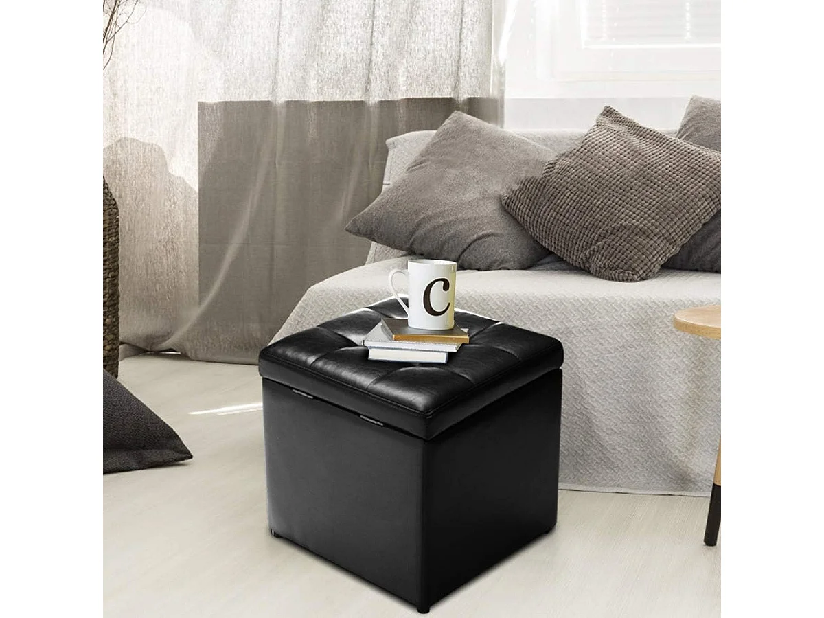 Tabouret Pouf Coffre Boîte de Rangement Repose-Pied Ottoman avec Espace de Stockage Cuir PU, Charge 150 kg, 40 x 40 x 40 cm (Beige)