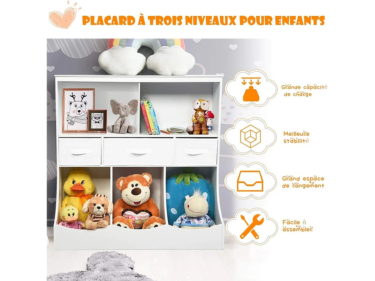 Meuble de Rangement Jouet pour Enfant, Compartiments de Rangement avec 3 Paniers et 3 Tiroirs, Design Contemporain, Idéal pour la Chambre de Votre Enfant