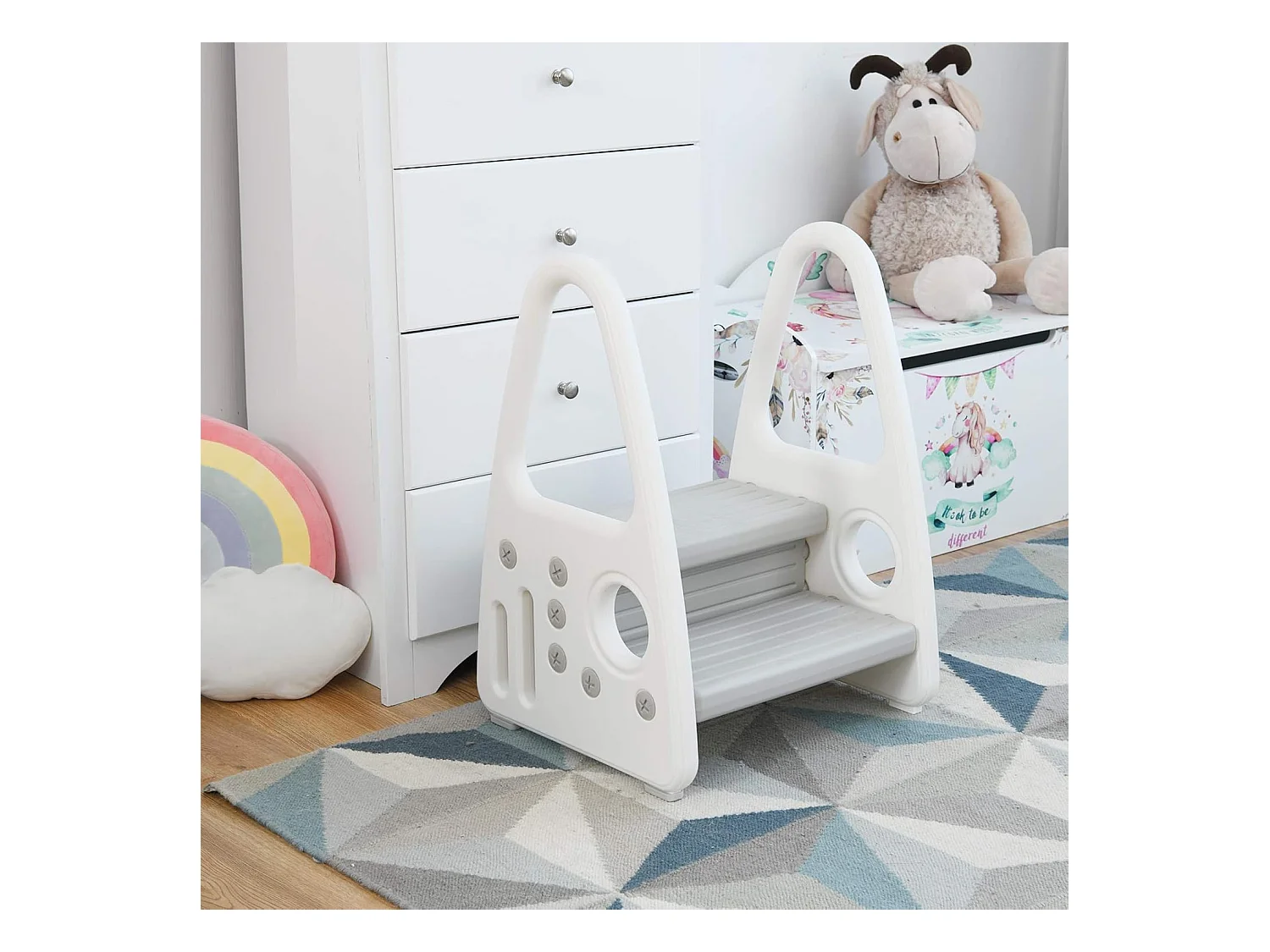 Marchepied Enfant 2 Marches Antidéparant pour Apprentissage de la Propreté avec Accoudoir de Sécurité Structure Triangulaire