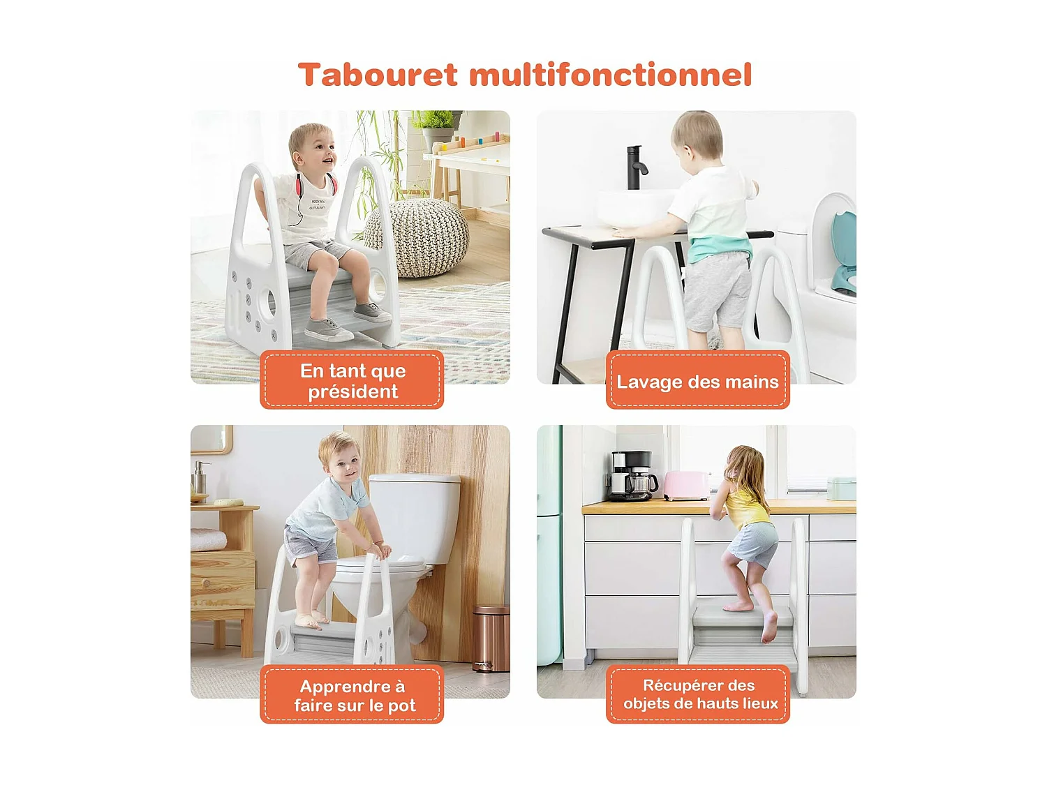 Marchepied Enfant 2 Marches Antidéparant pour Apprentissage de la Propreté avec Accoudoir de Sécurité Structure Triangulaire