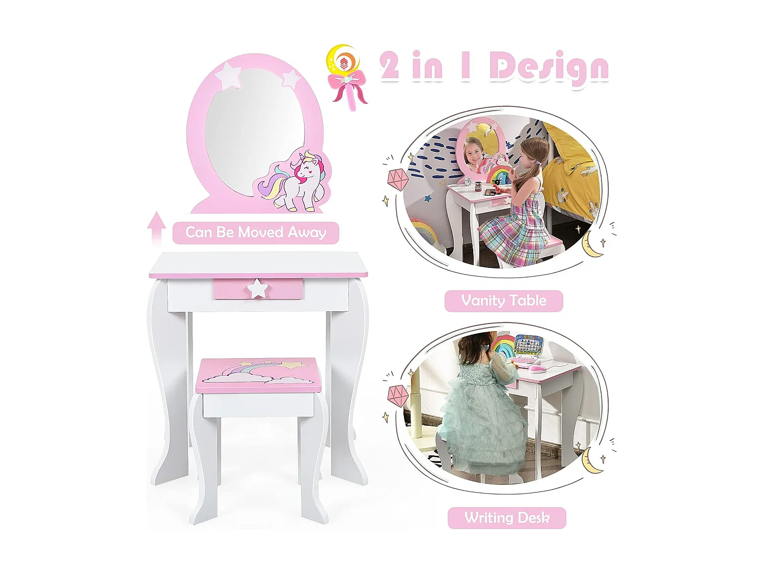 Coiffeuse pour Enfant Table de Maquillage avec Tabouret, Miroir Détachable et 1 Tiroir de Rangement Style Princesse Blanc