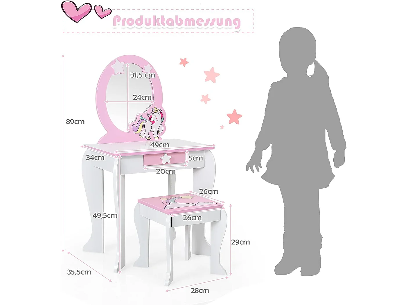 Coiffeuse pour Enfant Table de Maquillage avec Tabouret, Miroir Détachable et 1 Tiroir de Rangement Style Princesse Blanc