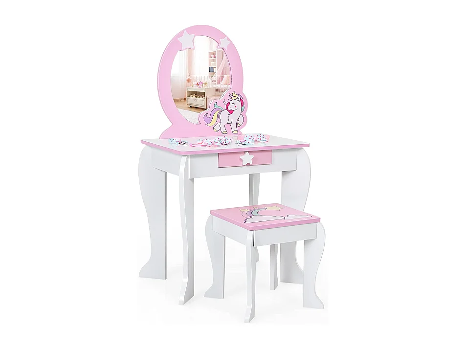 Coiffeuse pour Enfant Table de Maquillage avec Tabouret, Miroir Détachable et 1 Tiroir de Rangement Style Princesse Blanc