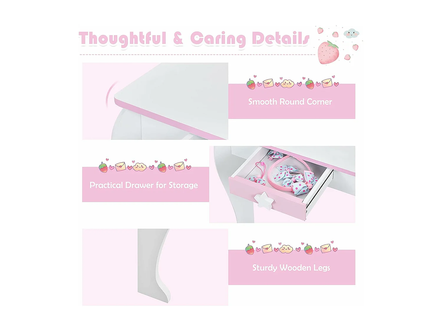 Coiffeuse pour Enfant Table de Maquillage avec Tabouret, Miroir Détachable et 1 Tiroir de Rangement Style Princesse Blanc