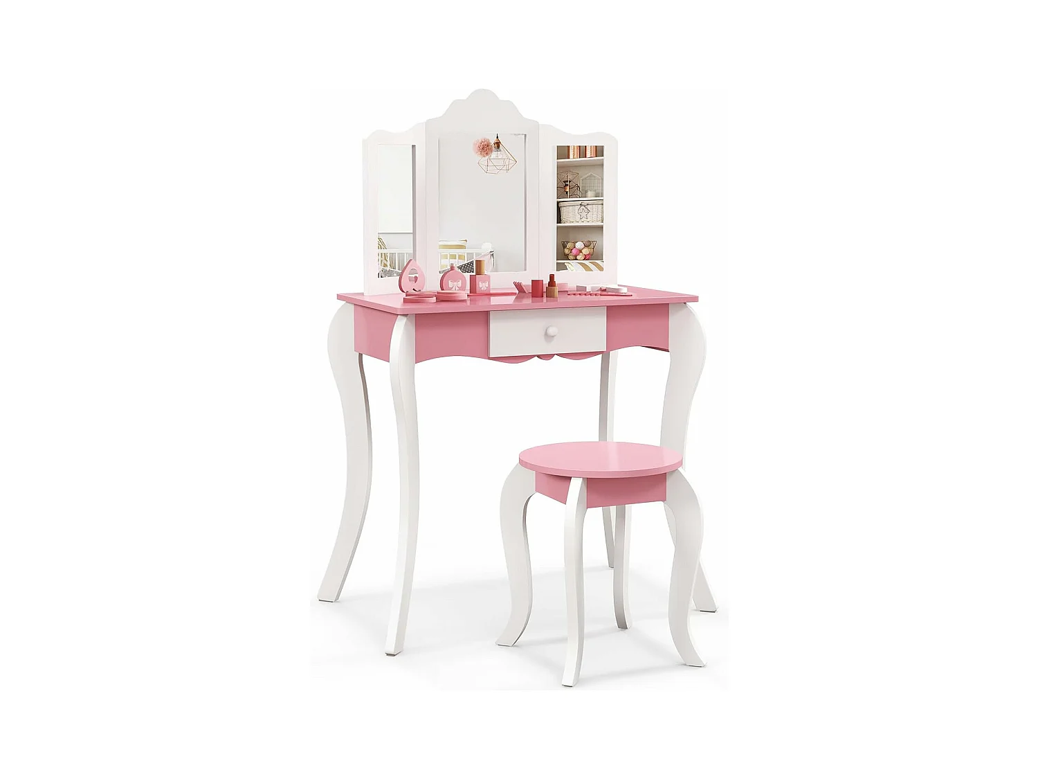 2 en 1 Coiffeuse Enfants avec Tabouret & Miroir Amovible à 3 Volets, Table de Maquillage avec Tiroir & Dispositif Anti-basculement, Charge 70/50kg pour Enfants de 3 Ans+