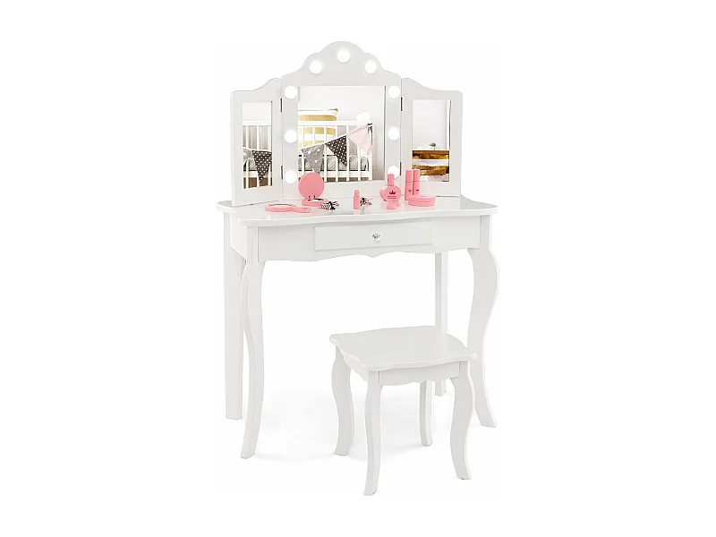 Coiffeuse Enfants et Tabouret 2 en 1 avec Miroir Amovible & Lumières LED, Table de Maquillage Princesse avec Tiroir de Rangement, 3 Ans+, 70x34x103CM(Blanc)