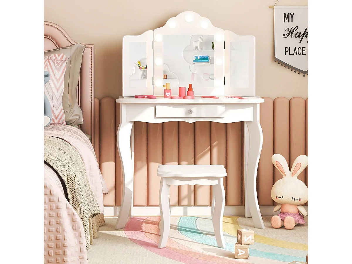 Coiffeuse Enfants et Tabouret 2 en 1 avec Miroir Amovible & Lumières LED, Table de Maquillage Princesse avec Tiroir de Rangement, 3 Ans+, 70x34x103CM(Blanc)