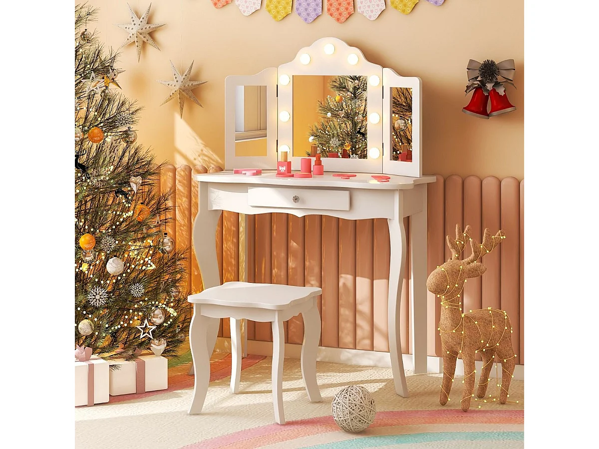 Coiffeuse Enfants et Tabouret 2 en 1 avec Miroir Amovible & Lumières LED, Table de Maquillage Princesse avec Tiroir de Rangement, 3 Ans+, 70x34x103CM(Blanc)