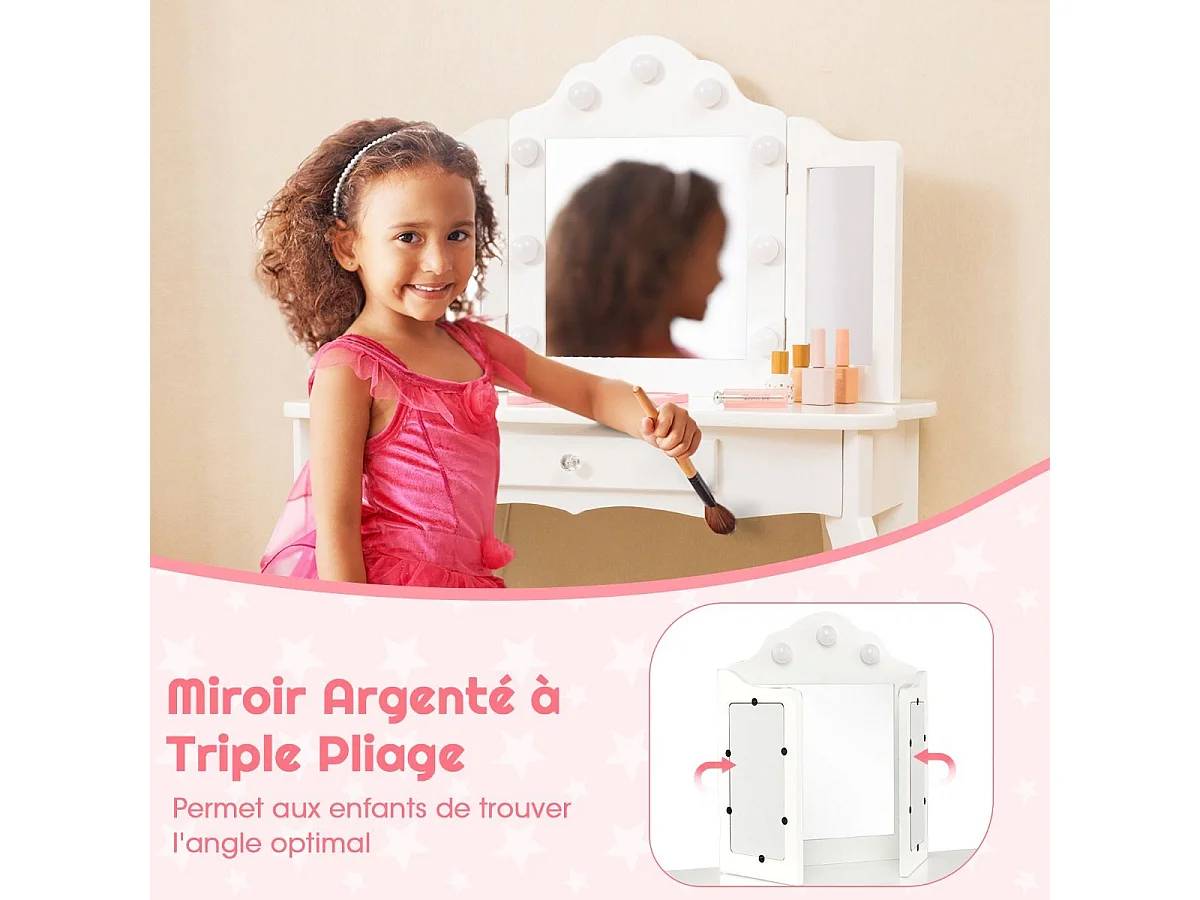 Coiffeuse Enfants et Tabouret 2 en 1 avec Miroir Amovible & Lumières LED, Table de Maquillage Princesse avec Tiroir de Rangement, 3 Ans+, 70x34x103CM(Blanc)