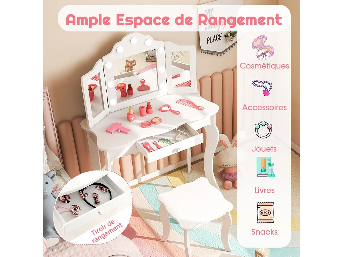 Coiffeuse Enfants et Tabouret 2 en 1 avec Miroir Amovible & Lumières LED, Table de Maquillage Princesse avec Tiroir de Rangement, 3 Ans+, 70x34x103CM(Blanc)